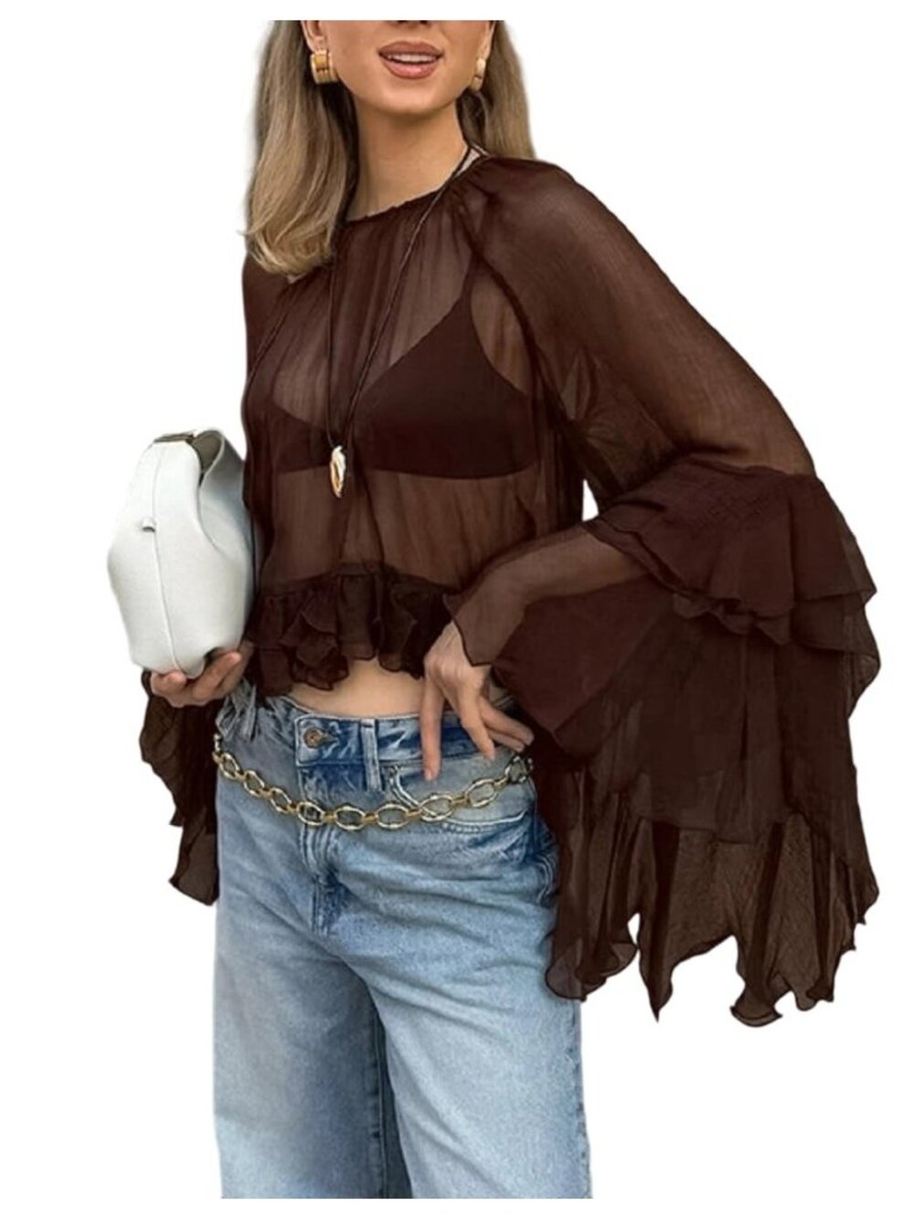 Ruffled Blouses for Women Boho Flowy Bell Sleeve Chiffon Poncho Top